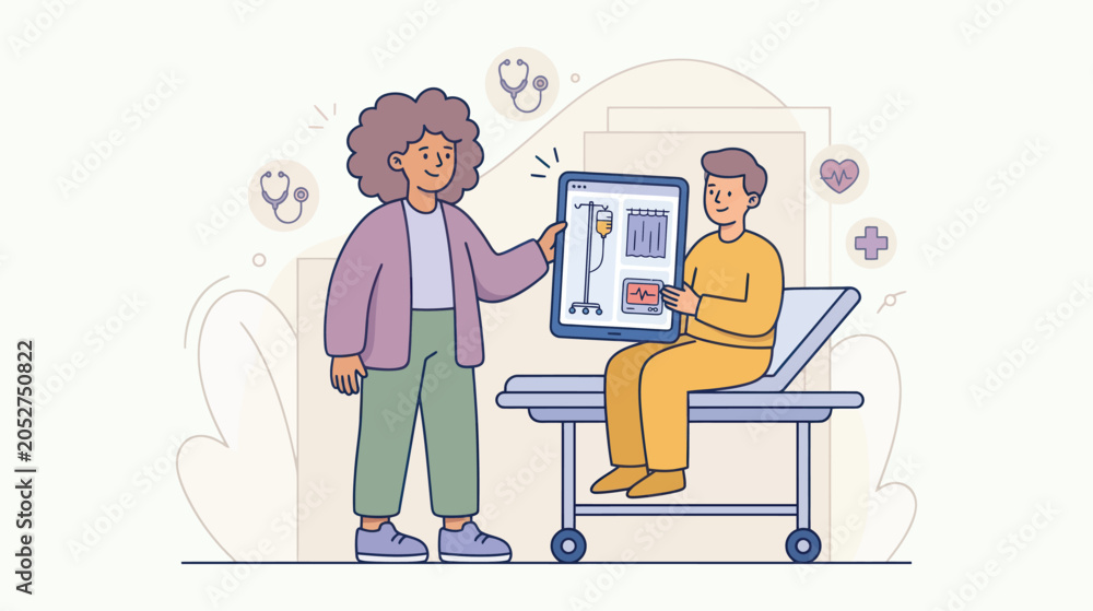 Fototapeta premium A doctor shows medical results on a tablet to a patient sitting on a hospital bed while the mood is calm and hopeful