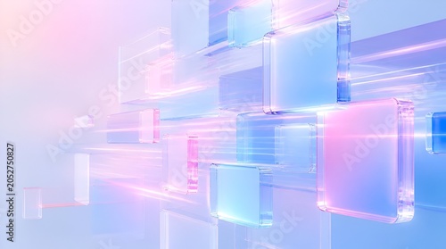 Abstract 3D composition of glowing translucent glass cubes.