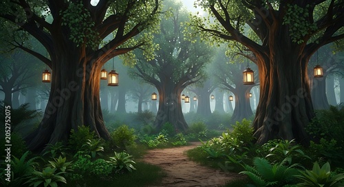 Cozy house with warm lights in a dark forest at night