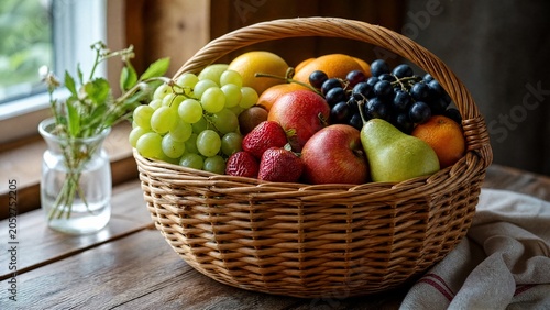 A tightly woven osier basket filled with fresh fruits, natural texture of willow.