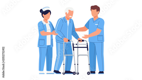 Photography Elderly Care Assistance: Two attentive medical professionals carefully guide an elderly gentleman using a walker, symbolizing compassionate support and dedicated care in a healthcare setting