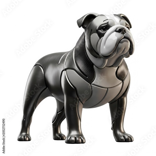 Modern futuristic bulldog sculpture with matte black metal and carbon fiber textures, sleek mechanical cyber dog character on white background