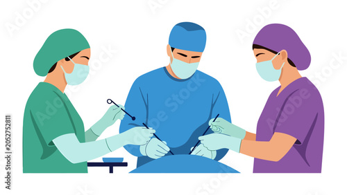 Foto Surgical Team at Work: A focused surgical team, composed of surgeons and nurses in scrubs and masks, perform a delicate procedure with precision and care