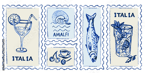 Hand drawn Amalfi coast postage stamps with cocktail fish coffee and wave