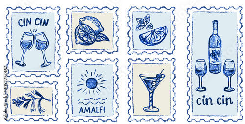 Hand drawn Amalfi coast postage stamp collection with wine lemon and cocktail