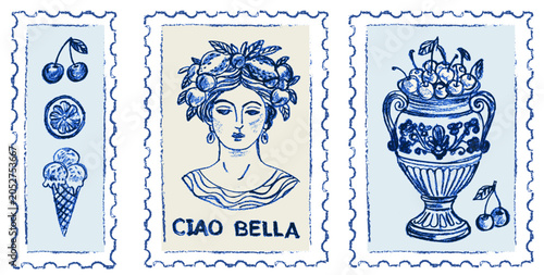 Hand drawn Amalfi coast postage stamps with cherries ice cream and sicilian woman