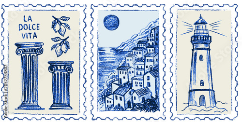 Hand drawn Amalfi coast postage stamps with lighthouse coastal village and columns