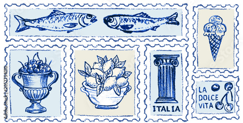Hand drawn Amalfi coast postage stamps with lemons cherries fish and italian column