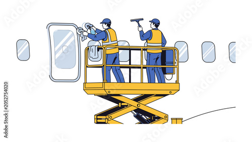 Tableau sur toile Aircraft Maintenance Workers: Two uniformed workers in a scissor lift meticulously clean and maintain the exterior of an aircraft fuselage