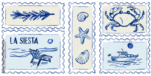 Mediterranean seaside postage stamp collection with beach chair boat and crab