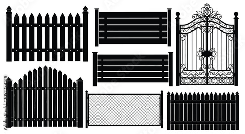 Assorted Fence And Gate Silhouettes On White Background Silhouette picket