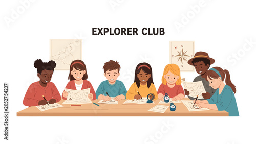 Foto Young Explorers Club: A group of diverse children sit at a table, engrossed in an Explorer Club activity, drawing maps and engaging with globes and compasses