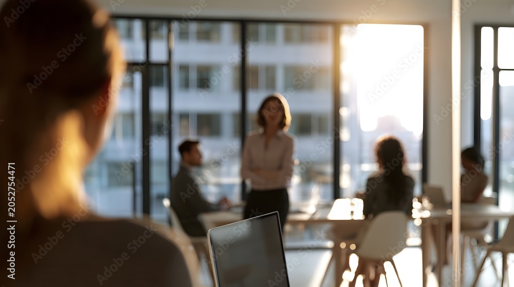 Obraz premium A professional figure is seen from the back bathed in natural daylight streaming through large office creating a sense of strategy and modern