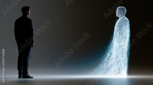 an artwork depicts a human teacher transforming into a holographic ai mentor, symbolizing the evolution of education roles with futuristic elements