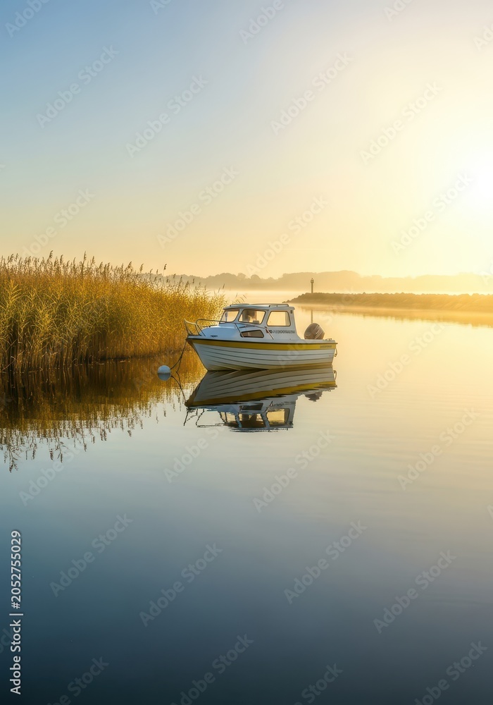 Obraz premium Serene landscape featuring a small boat near reeds at dawn with golden sunlight and perfect water reflection