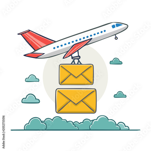 Airplane delivering mail envelopes illustration