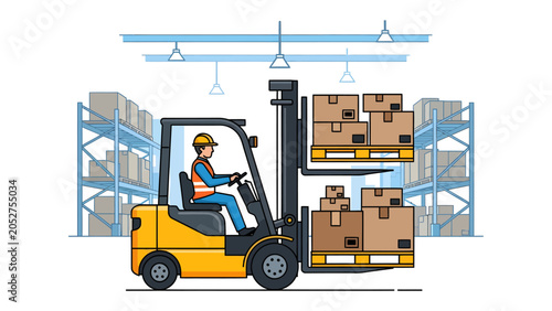 Foto Forklift Operator in Warehouse: A forklift driver wearing a safety vest and helmet skillfully operates a yellow forklift to move pallets of boxes in a brightly lit warehouse with tall shelves