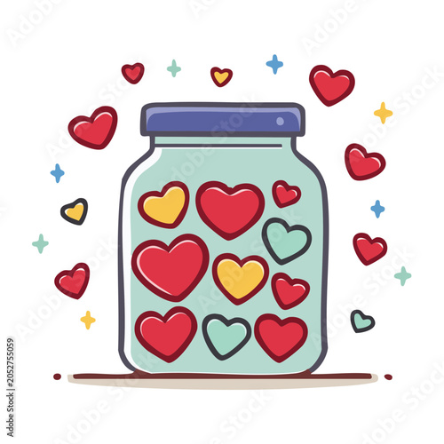 Cartoon illustration of a jar filled with colorful hearts