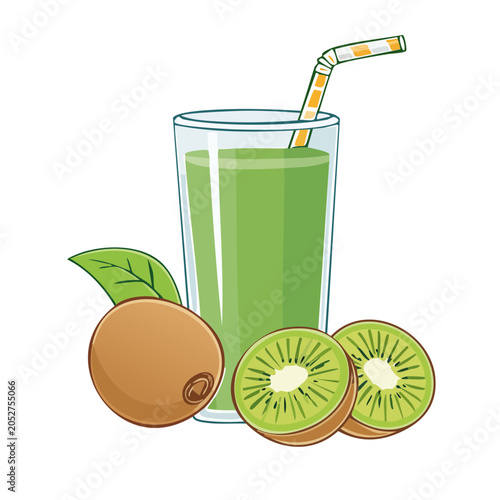 Cartoon kiwi juice with fresh kiwi fruit