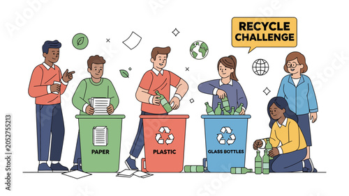 Foto Recycling Challenge for a Greener Planet: A group of diverse people enthusiastically participate in a recycling challenge, sorting paper, plastic, and glass bottles into designated bins