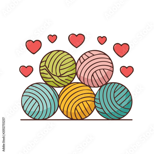 Five colorful yarn balls with hearts illustration