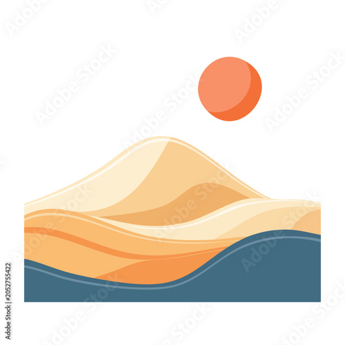 Minimalist desert landscape with sun and dunes