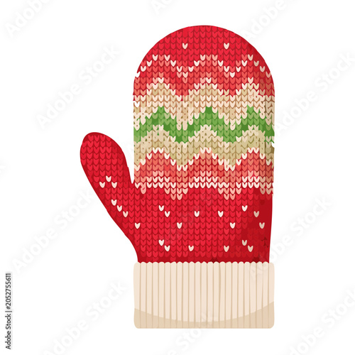 Red knitted mitten with heart pattern