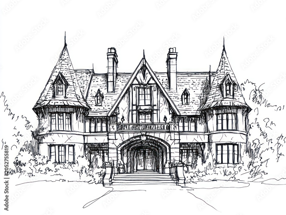 Fototapeta premium Hand-drawn architectural sketch of a large, detailed home, featuring turrets, and arched entrance
