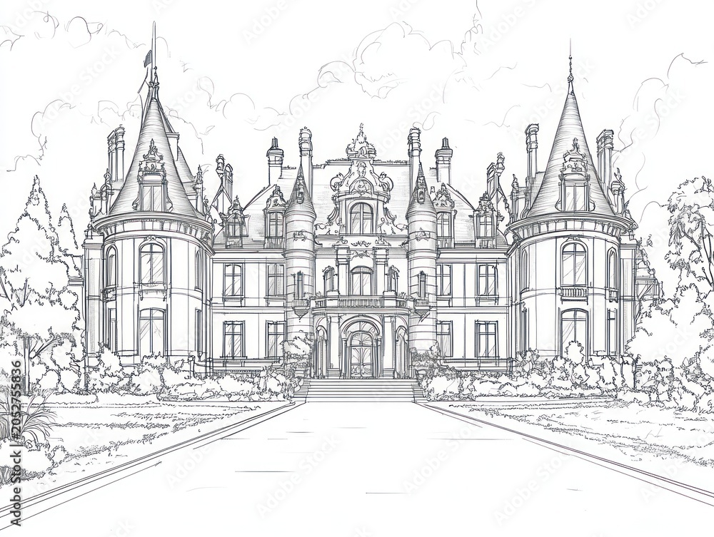 Fototapeta premium Architectural sketch of a stately mansion, driveway leading to the entrance, intricate details
