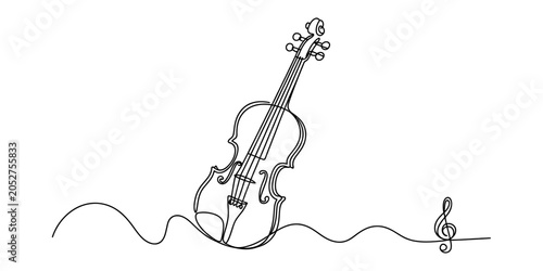 Foto A single continuous line drawing of a classic violin instrument and a musical tr