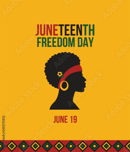 Juneteenth Freedom Day vector banner with Black woman silhouette profile and African traditional pattern on yellow background