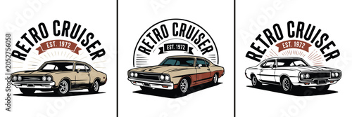 Foto Three vintage muscle car emblems featuring classic retro cruiser designs