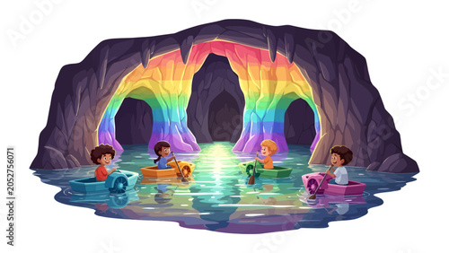 Bild auf Leinwand Rainbow Cave Adventure: Four children embark on a magical boat journey through a vibrant rainbow-lit cave, their faces filled with wonder and excitement