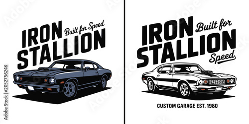 Muscle car graphic illustration with bold iron stallion typography design
