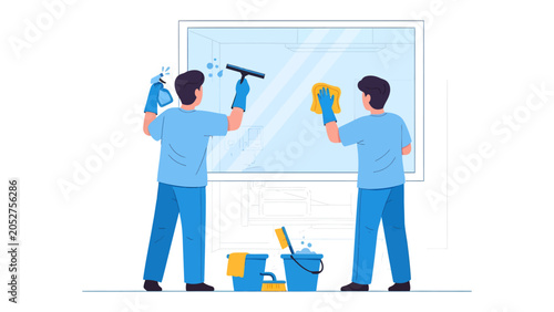 Φωτογραφία Window Cleaning Professionals: Two uniformed men are cleaning a large window with cleaning supplies such as spray bottles, squeegees, and cloths