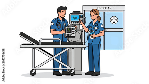 Medical Team and Equipment: Two medical professionals are tending to a patient monitor and ventilator next to a stretcher outside a hospital.