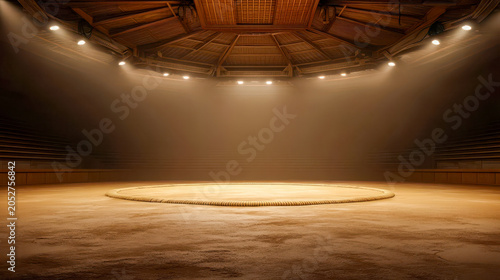 An empty sumo ring in a traditional Japanese arena, the impressive dohyo stage with its warm spotlights and wooden interior