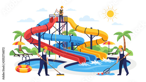 Tableau sur toile Water Park Maintenance Crew: A dedicated team meticulously cleans a vibrant water park, ensuring a pristine and enjoyable experience for visitors under the bright summer sun