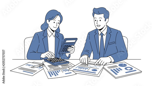 Financial Collaboration: Two business professionals, a man and a woman, work together at a desk, analyzing financial documents and using a calculator to review data.
