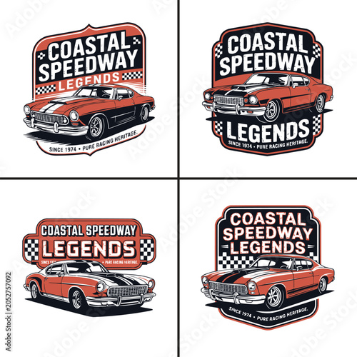 Four vintage coastal speedway legends car logo badge vector designs