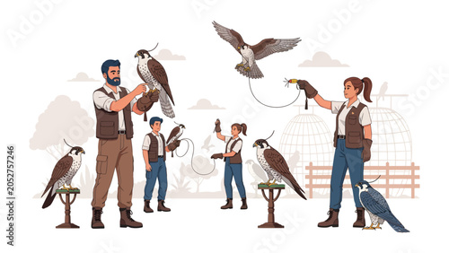 Tableau sur toile Falconers and Birds of Prey: A vibrant illustration depicting a group of skilled falconers working with majestic birds of prey