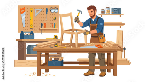 Valokuva Craftsman's Workshop: A skilled craftsman meticulously works on a wooden chair in his workshop, surrounded by tools and materials, embodying dedication to his trade