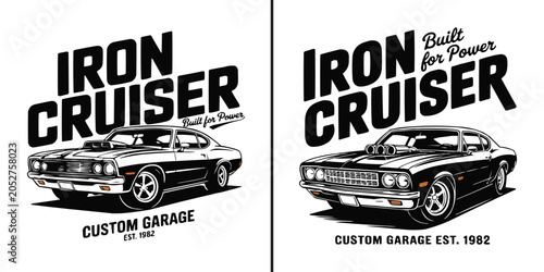 Fotografi Vintage muscle car illustration with bold iron cruiser typography design
