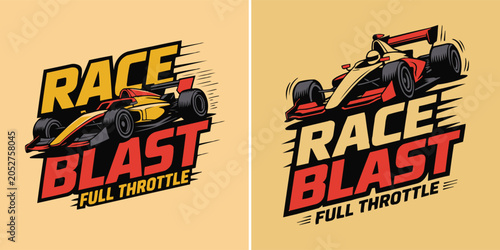 Vintage style formula one racing car with bold typography design