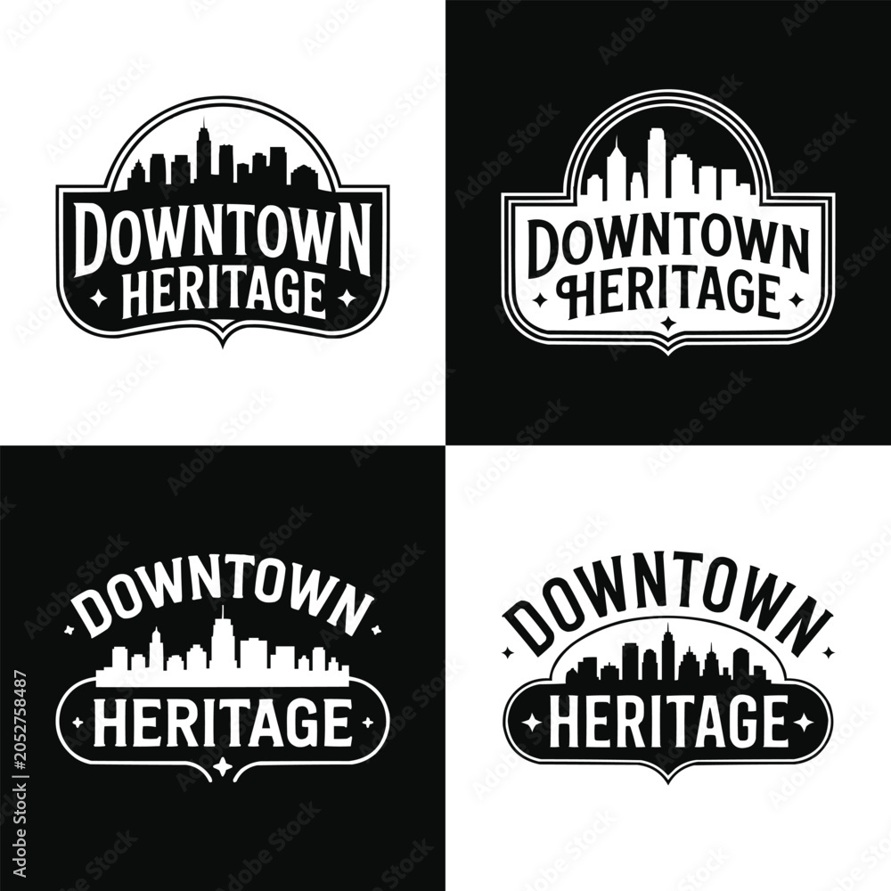 Fototapeta premium Black and white vintage style city skyline downtown heritage logos