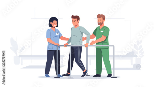 Photos Rehabilitation Support: A physical therapist and an assistant carefully guide a male patient through rehabilitation exercises using parallel bars