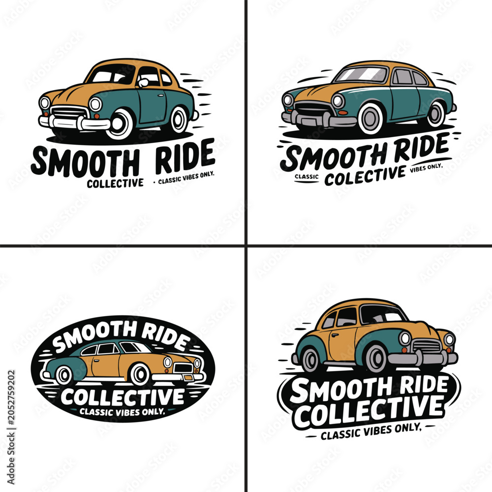 Fototapeta premium Four vintage car logo designs featuring smooth ride collective text art