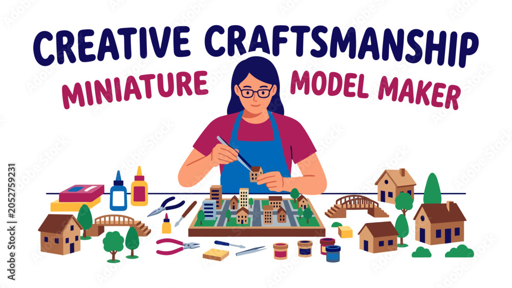 Fototapeta premium Crafting miniature worlds: A focused individual meticulously creates miniature model buildings, surrounded by crafting tools and supplies.