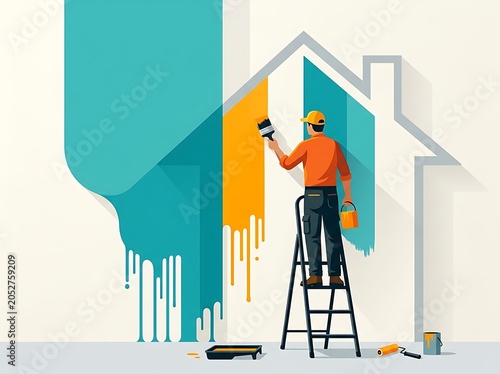 Professional painter on a ladder painting a house outline with teal and orange paint, flat vector illustration of home renovation and maintenance services