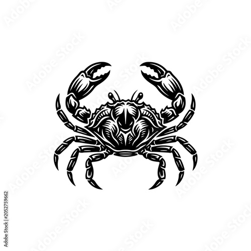 Detailed black and white crab illustration with intricate shell patterns and raised claws vector art.